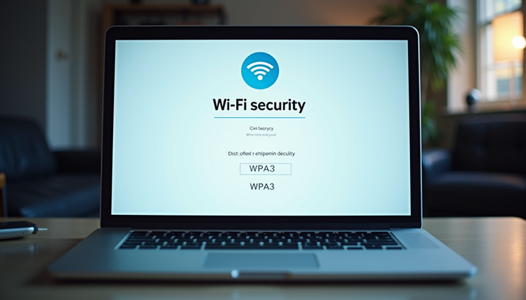Widok z góry na ekran laptopa z otwartym panelem konfiguracji zabezpieczeń Wi-Fi