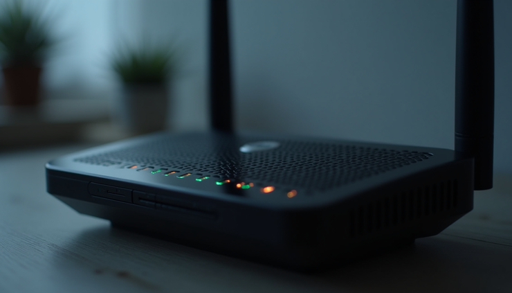 Widok z bliska na router Wi-Fi z migającymi diodami sygnalizującymi aktywność sieci